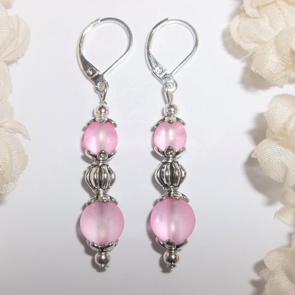 Silver and Pink Beach Glass Earrings Dangle Drop Girl Gift Idea Jewelry Set 8254